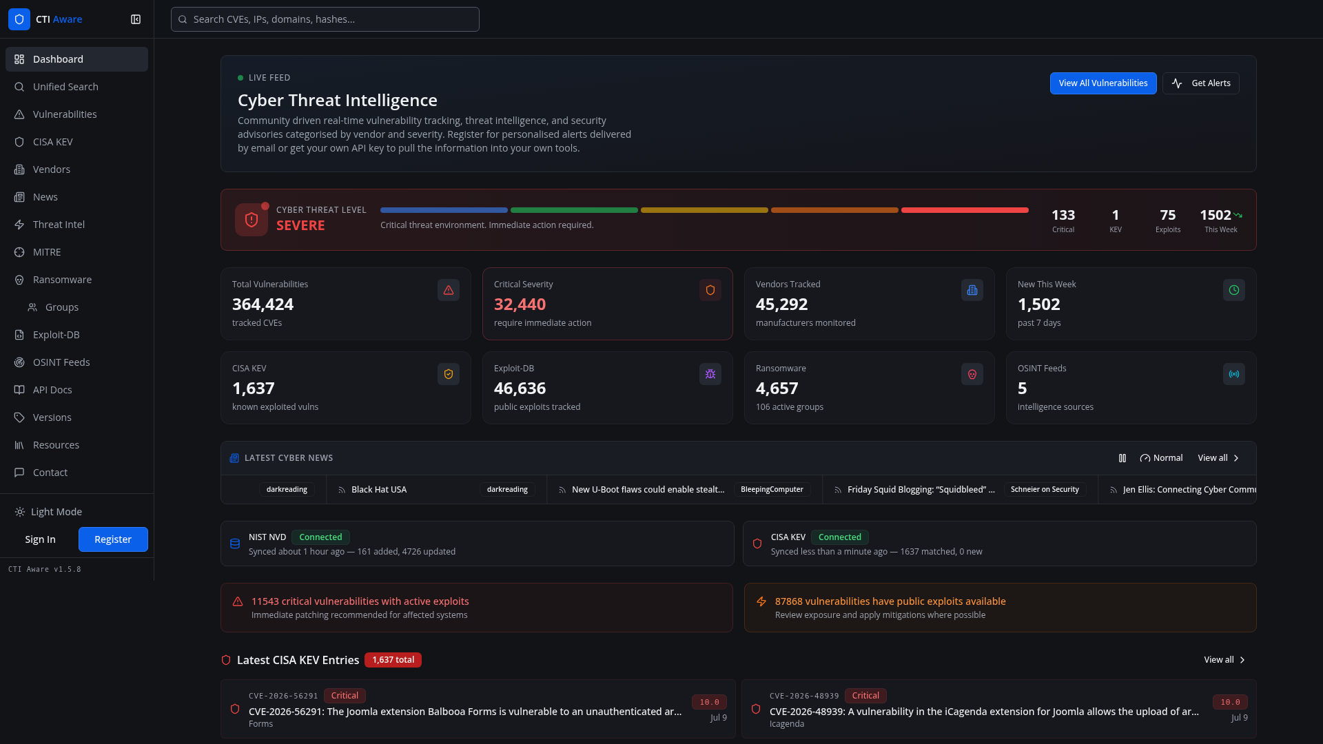 CTI Aware platform dashboard showing live threat intelligence feed