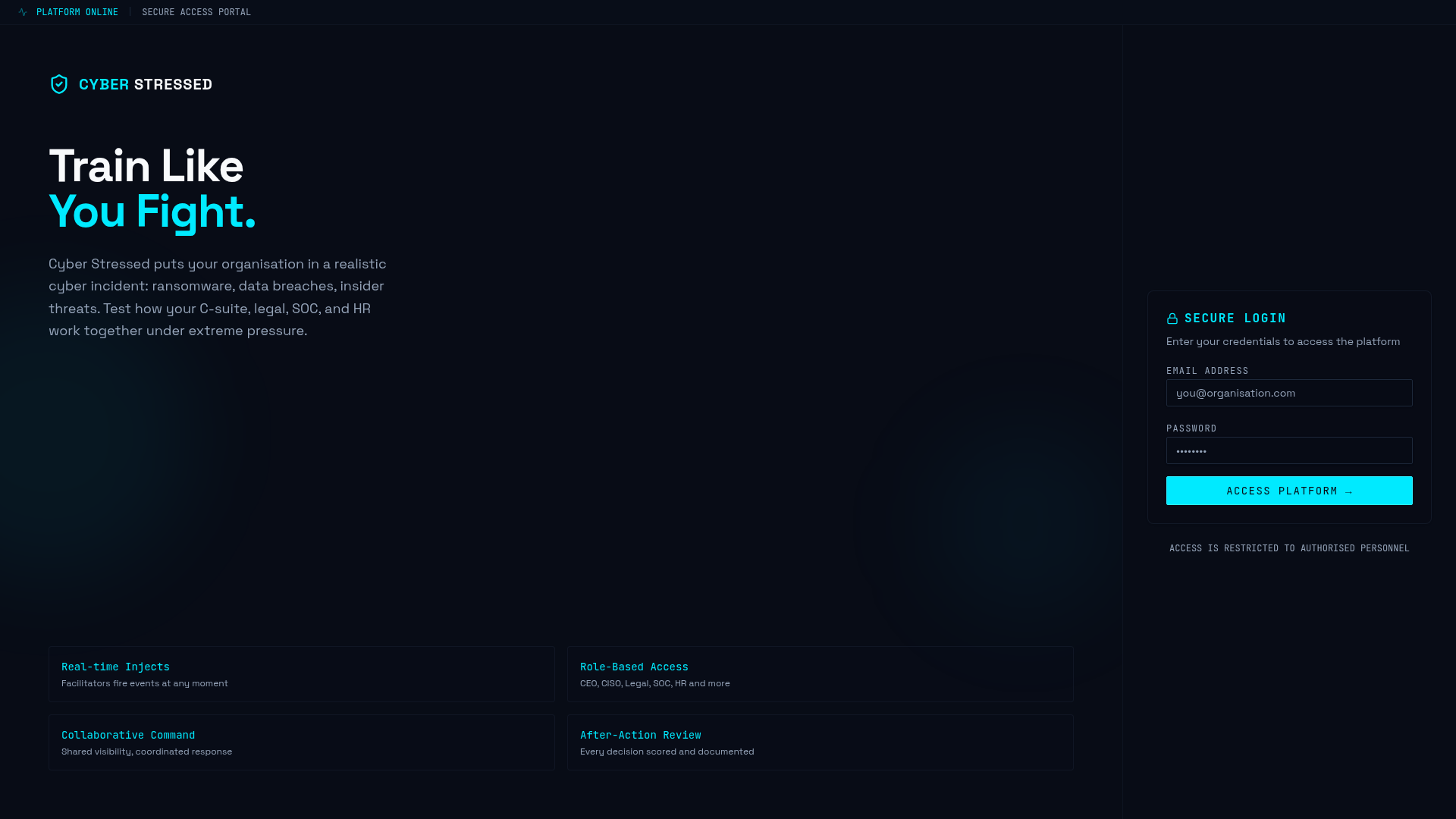 Cyber Stressed platform showing the Train Like You Fight landing page with secure login portal