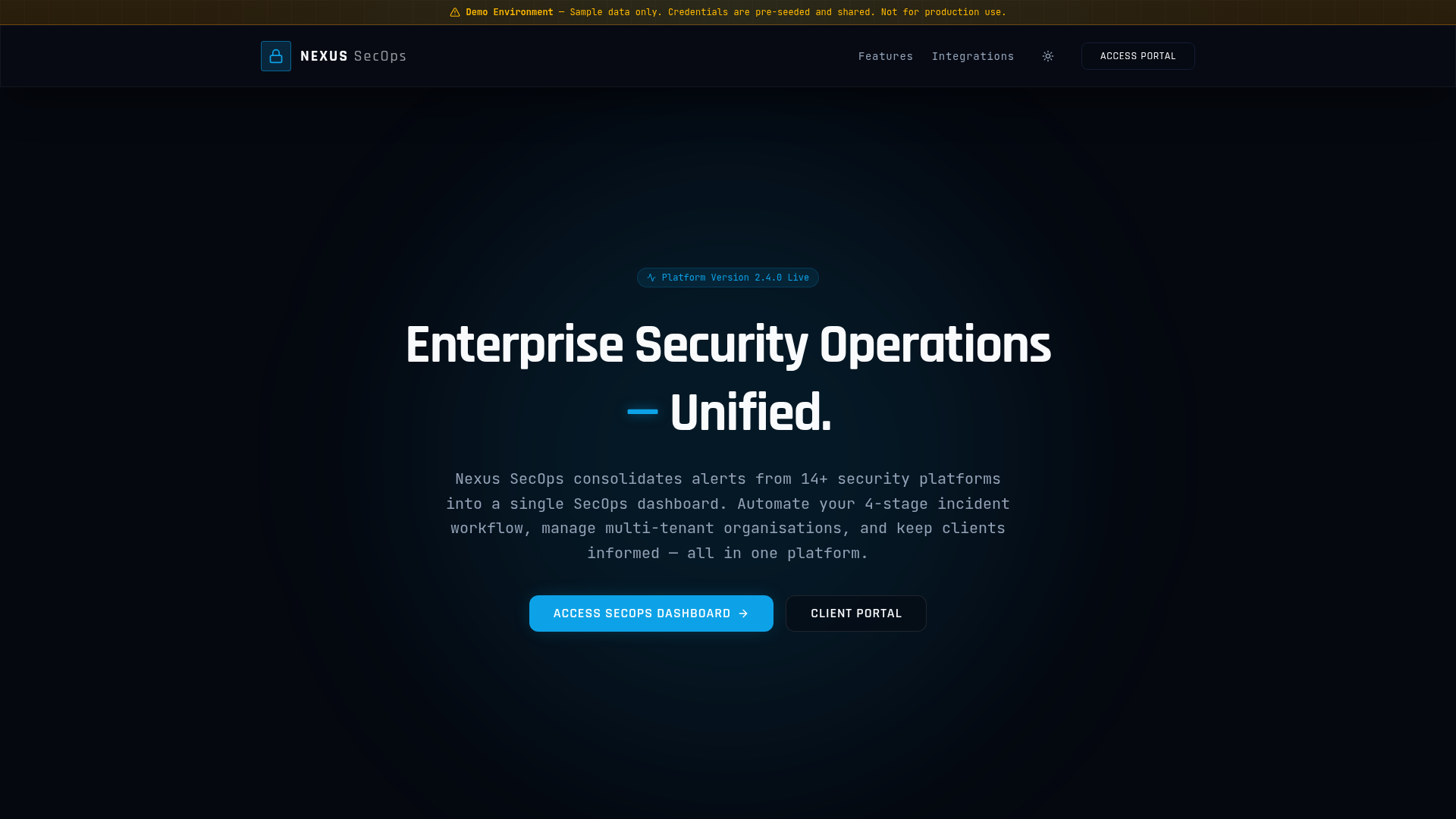Nexus SecOps platform landing page showing enterprise security operations dashboard