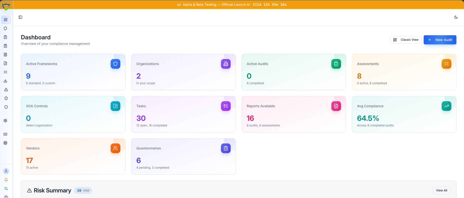 Simple Audit dashboard showing active frameworks, audits, assessments, and compliance overview