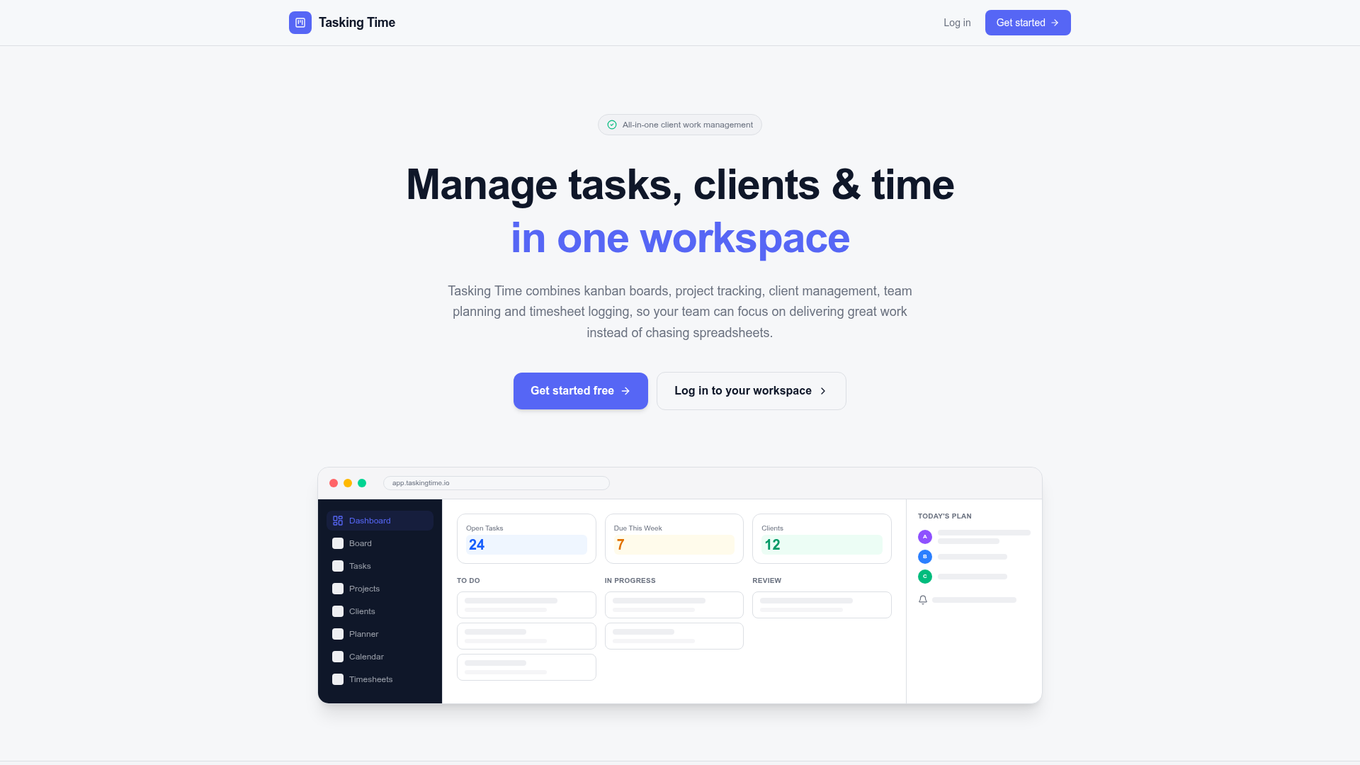 Tasking Time homepage showing the all-in-one client work management platform dashboard